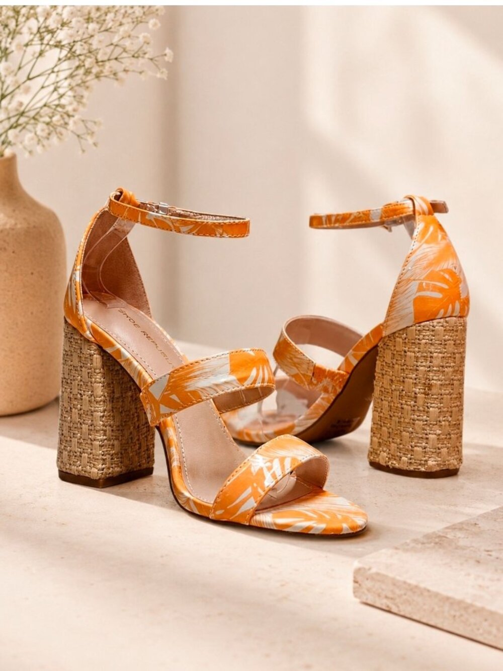 Orange Palm-Print Block Heel Sandals With Cork Texture & Adjustable Ankle Strap
